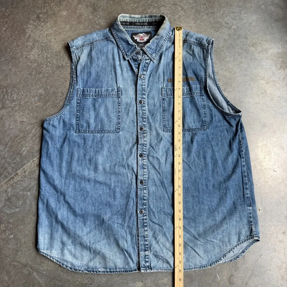 Harley Davidson Embroidered Motorcycle Denim Vest Button Front Mens L Sleeveless